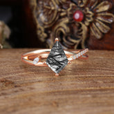 4 Prong Kite Cut 2 Carat Natural Black Rutilated Quartz Promise Ring Nature Inspired Twisted Leaf Ring